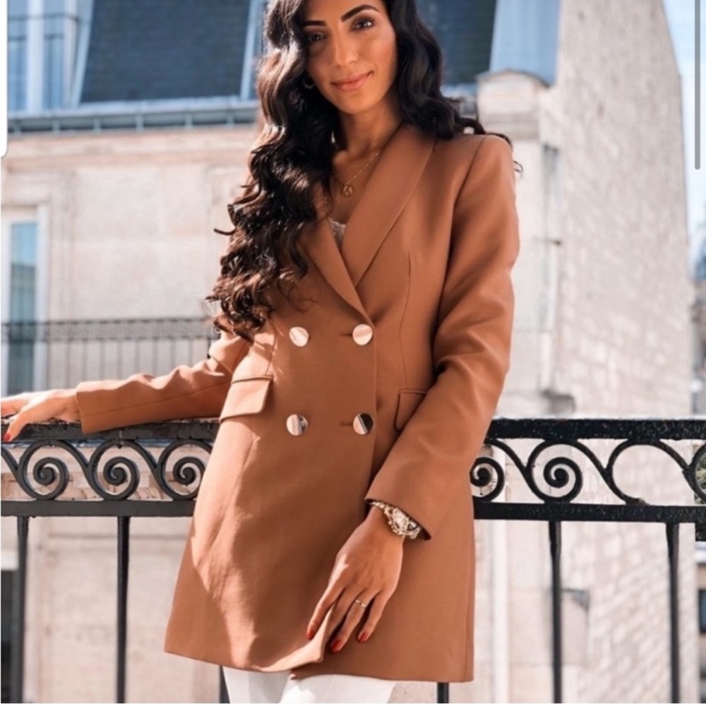 Zara Blogger Favorite Camel Tan double breasted Blazer mini dress Coat Jacket XS